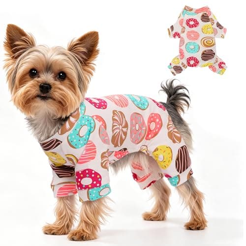 Dog Pajamas for Small Dogs 100% Cotton Puppy Pjs, Soft Dog Clothes with Colorful Donuts Pattern, Stretchy Comfy Pet Jammies Shirts, 4-Legs Pet Onesie for Chihuahua Yorkie, XXS