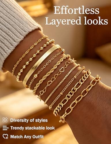 10 Pcs Gold Bracelets Set for Women, 14K Gold Plated Stackable Cuban Link Paperclip Chain Bracelet Pack, Dainty Gold Bracelets Stack Jewelry Gift (Gold-A 1) — view 7