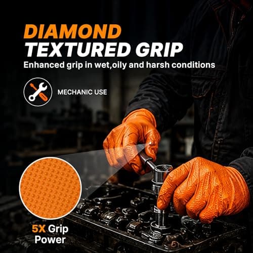 TitanFlex Heavy Duty Industrial Orange Nitrile Gloves, 8-mil, Gloves Disposable Latex Free with Raised Diamond Texture Grip, Powder Free, Rubber Glove, Mechanic Gloves,100-ct Box (Small) — view 2