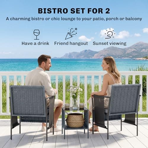 Outsunny 3 Piece Wicker Patio Furniture Set, Outdoor Bistro Set with Side Pockets, Mesh Seat, 2 Tier Glass Table, Cushions, Outdoor Conversation Furniture for Porch Balcony, Grey — view 2