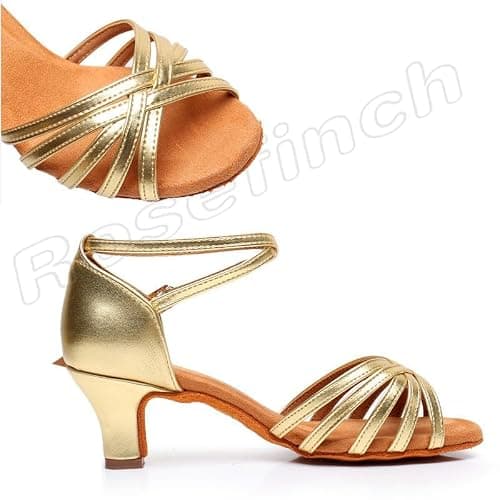 Rosefinch Latin Dance Shoes for Womens Satin Ballroom Salsa Practice Performance Wedding Dancing Shoes High Heels Dancing Shoes for Girls Ladies 5cm Gold 38 — view 4