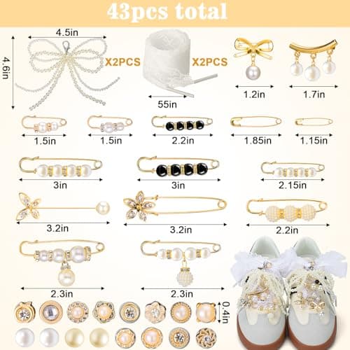 AIERSA Shoes Charms for Sneakers Socks, 43pcs Pearl Shoe Lace Charms Jewelry, Junk Socks Pins, Stylish Decoration for Women, Brooch Pins Buttons for Clothes, Hats Decorations — view 6