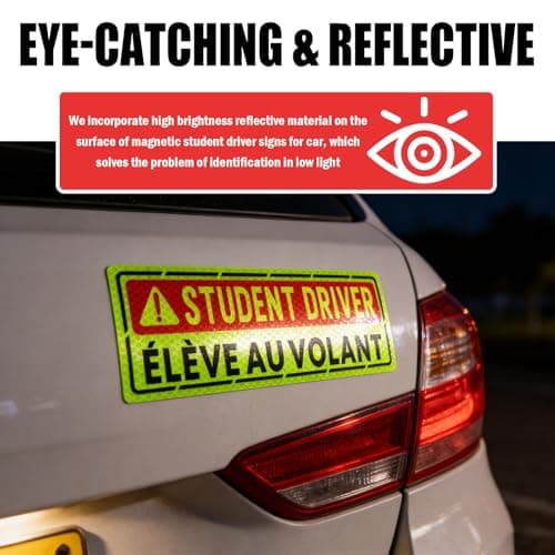 3PCS Bilingual Élève au Volant/Student Driver Magnet for Car,Eye-catching Magnetic Student Driver Sticker with Reflective Design,9.61"x3.28" Magnetic Students Drivers Signs for Car — view 4