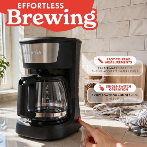 Gourmia 12 Cup One-Touch Coffee Maker – Pause and Serve with Automatic Keep Warm, Easy View Water Window, Compact Design, Stainless Steel Accents, Black — view 2