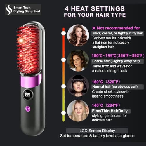 Quick Styling Cordless Heated Hair Comb – 2026 Upgraded Version, Perfect for Travel, Business, Outdoor Shooting, On-the-Go Quick Frizz Taming, Fast Heating, Ionic & Ceramic Hair Care, 4 Adjustable Heat Levels with Display, Type-C Port, for Fine, Normal & Slightly Wavy Hair, Black — view 4