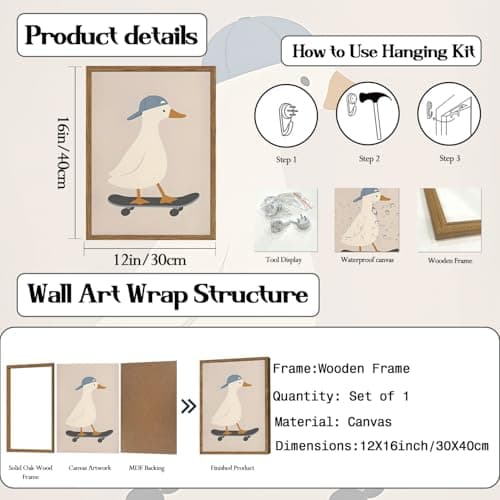 Cute Goose Wall Art Funny Silly Goose Skateboard Wall Decor Painting Whimsical Duck Poster Canvas Print Picture for Living Room Bedroom 12x16 inch Wood Framed — view 3