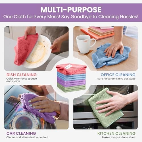 SIFANGKE Microfiber Cleaning Cloth, 12 Pack Assorted Color Cleaning Rags for Housekeeping, Colorful Reusable Microfiber Towels for Car, Kitchen, Bathroom and Household Cleaning Supplies, 11.8"X11.8" — view 4
