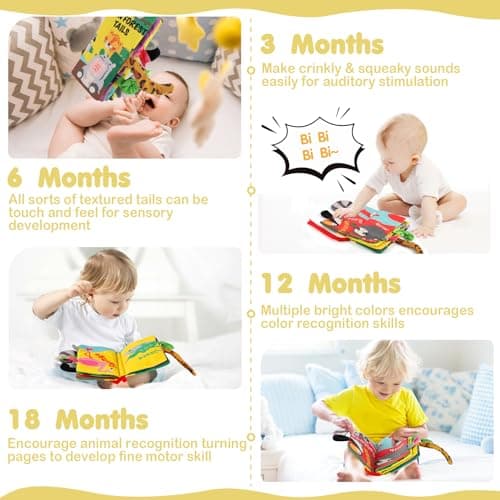 beiens Soft Toys Baby Cloth Books, Touch and Feel Crinkle Books for Babies, Infants & Toddler, Early Development Interactive Car Toys & Stroller Toys for Boys & Girls (Rainforest Tails-1 Book) — view 4