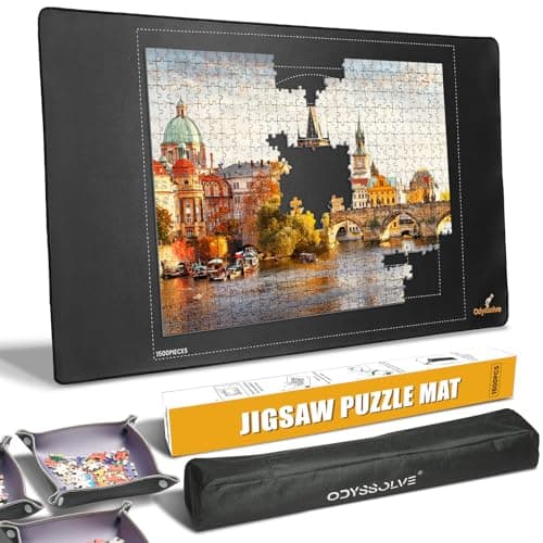 Premium Rubber Puzzle Mat with 4 Sorting Trays - Non-Slip, Crease-Free Jigsaw Puzzle Roll Up Mat, Smooth Fabric Surface Puzzle Board & Saver for Up to 1500 Pieces, Storage Straps Included