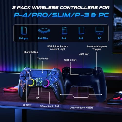 GamingBoy 2 Pack Wireless Controller for PS4, LED Controller for Ps4/Slim/Pro/PC with Adjustable RGB Light-up,Hall Effect Joystick,Dual Vibration,6-Axis Gyro,1000mAh Battery,USB C Port- Black and White — view 4