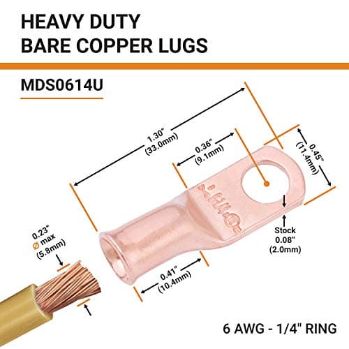 SELTERM 10pcs 6 AWG - 1/4" Stud - Battery Lugs, Heavy Duty Wire Lugs, Ring Terminals, Battery Cable Ends,6 Gauge Terminals, UL Bare Copper Eyelets Electrical Battery Terminal Connectors