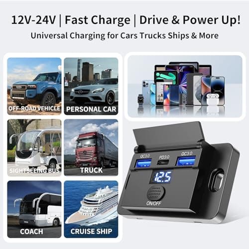 Upgraded 12V USB Outlet 72W Dual QC 3.0 18W and Type C 36W Car Port with Switch and Voltmeter, 12 Volt USB Cigarette Lighter Replacement Charger Socket Surface Mount Panel for RV Bus Marine Motorcycle — view 5