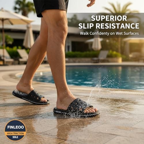 FINLEOO Shower Shoes for Women Men, Quick Drying Shower Sandals with Drain Holes Non-Slip Pool Slides Comfortable Lightweight House Slippers-Black — view 5