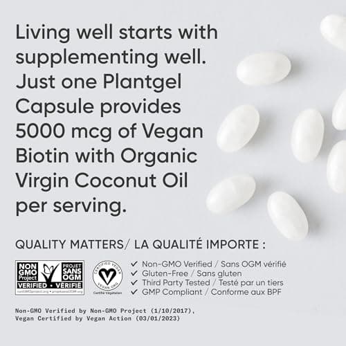Sports Research® Extra Strength Vegan Biotin 5,000mcg with Organic Coconut Oil - Helps to Maintain Healthy Hair, Nails and Skin - Great for Women & Men - 120 Veggie Softgels — view 3