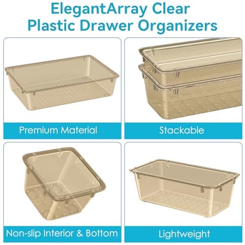 ElegantArray 12 PCS Drawer Organizer Set, 4 Sizes Tool Storage Trays, Clear Plastic Makeup Vanity Organizer and Storage Bins for Stationeries, Multiple Gadgets for Office, Bedroom, Champagne — view 4