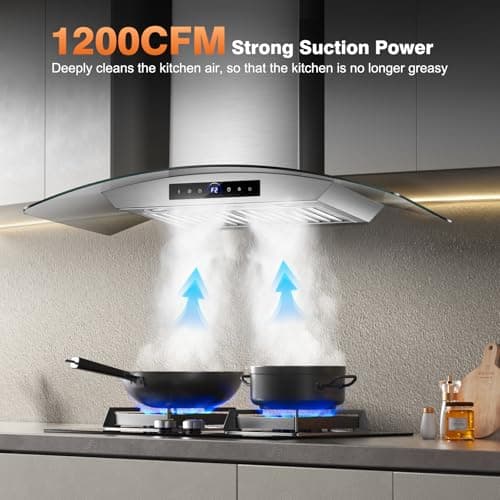 TAZPI 30 Inch Wall Mount Range Hood 1200 CFM, 4-Speed Wall Mount Range Hood with Touch Control & Gesture Sensing Stainless Steel Kitchen Stove Vent Hoods with 2 LED Lights Pro Series