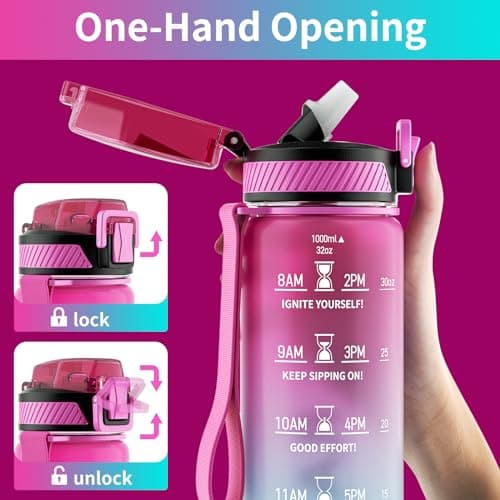 QLUR Water Bottle with Straw, 32oz Motivational Water Bottles with Time Marker to Drink, Tritan BPA Free, 1L Sports Water Bottle with Carry Strap LeakProof for Women Gym Fitness Outdoor (1 Pack) — view 2