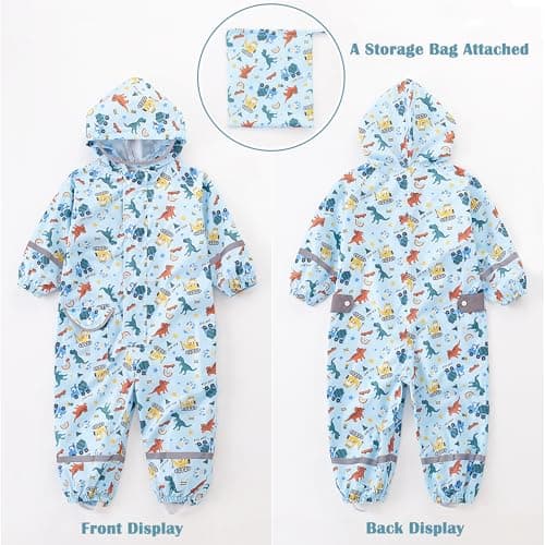 Kids Toddler Rain Suit for Boys Girls One Piece Hoodie Zipper Cartoon Waterproof Coverall Rain Jacket 2-5 Years M Size — view 4