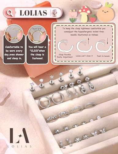 LOLIAS Hypoallergenic Flat Back Earrings for Women Girls-Surgical Stainless Steel Earrings for Sensitive Ears-Cute Flatback Stud Earring Set Small Hoops Cartilage Earring Stacks Silver CZ Age Over 4 Years Old — view 6