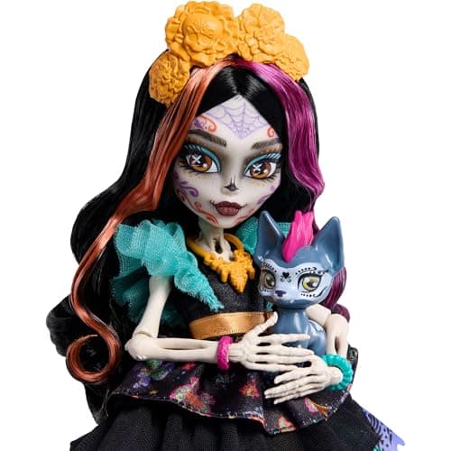 Monster High Doll, Skelita Calaveras in Colorful Papel Picado Dress with Pet Dog Candelita and 7 Accessories Like Sketch Book, Snack and Messenger Bag — view 2