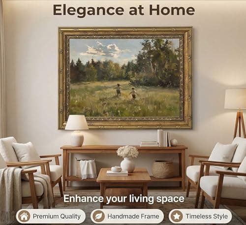 Canvas Wall Art Framed - Kids in Summer Field Landscape Painting, Vintage Gold Framed Picture Poster Prints Artwork for Home Wall Decor,12x16 Inch — view 8