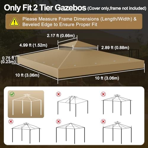 Gazebo 10'x10'Ft Canopy Replacement Top Cover,Waterproof UV50+ Patio Sun Shade Canvas with Two Tier Ventilated and Windproof Straps for Outdoor Backyard Garden(Only Top Cover，Khaki) — view 4