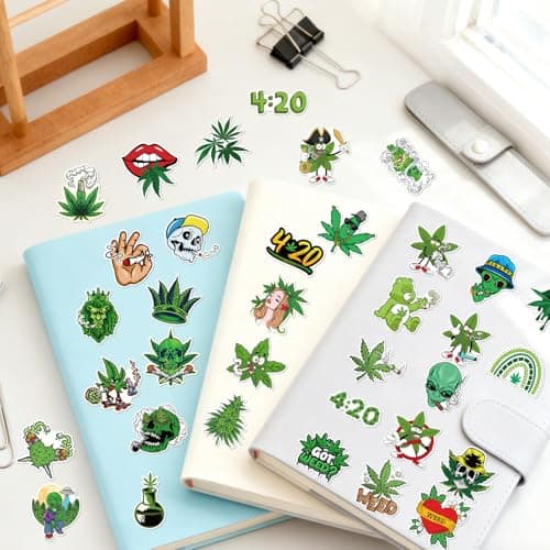 Vemfare Weed Plant Stickers for Adults - 100 Pcs Green Leaves Trippy Water Bottle Stickers, 420 Waterproof Vinyl Scrapbook Decals for Laptop Journaling — view 3