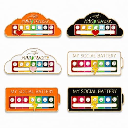 6PCS Social Battery Pin, My Social Battery Pin with 7 Mood Sliding Indicator, Funny Enamel Pins for Introverts, Cute Brooch Badges for Bag Backpacks Hat Jackets Gifts (A)