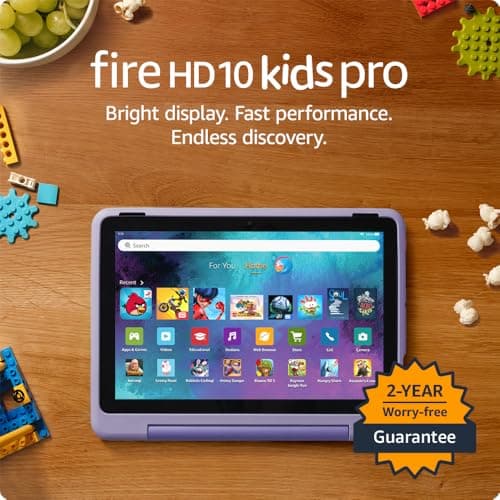 Amazon Fire HD 10 Kids Pro tablet, ages 6-12. Bright 10.1" HD screen, includes ad-free content, robust parental controls, 13-hr battery and slim case for older kids, 32 GB, Happy Day