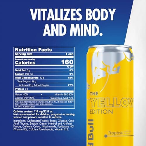 Red Bull Yellow Edition Energy Drink, Tropical, with 114mg Caffeine plus Taurine & B Vitamins, 12 Fl Oz, Pack of 24 Cans