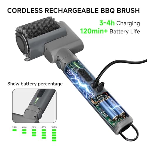 Electric Grill Brush, Cordless BBQ Grill Cleaner – 3 Speeds & Adjustable Angle, 3 Interchangeable Heads, 120-Min Runtime, Heat Resistant & Washable for All Grill Types — view 3