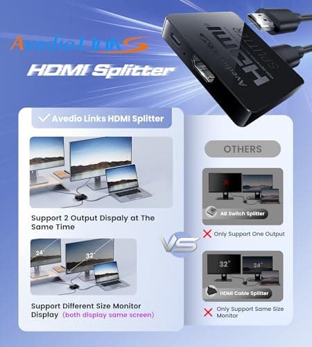 avedio links HDMI Splitter 1 in 2 Out [w/ 4 Ft Hdmi Cable]Not for Extended Display-Mirror Same Screen Only, 4K 1x2 HDMI Splitter 1 to 2 for 3D 1080P@60Hz, Copy 1 Source to 2 Displays at The Same Time — view 2