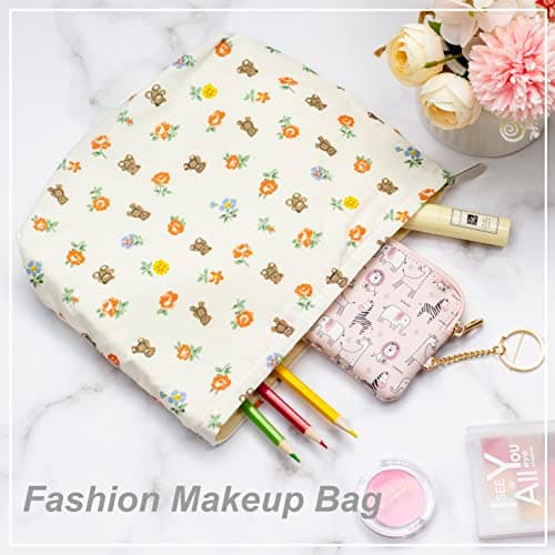 Makeup Bag Large Zipper Make Up Pouch for Purse Travel Canvas Cosmetic Organizer for Women Brush Storage,Flower Bear White — view 3