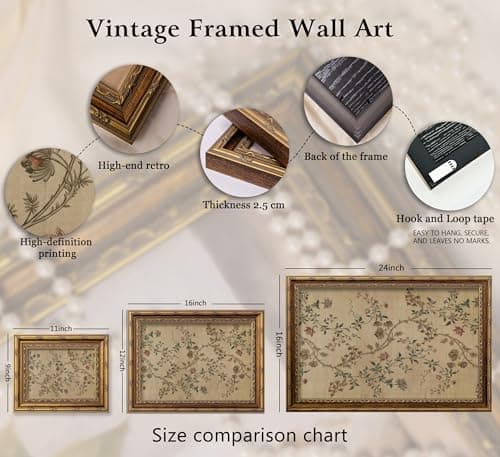 Vintage gold framed Floral Vine wall art Retro Beige Botanical Painting Canvas Prints Elegant Antique Flower French Leaf Wall Decor for Farmhouse Bedroom Living Room Home Decration 9x11in — view 4
