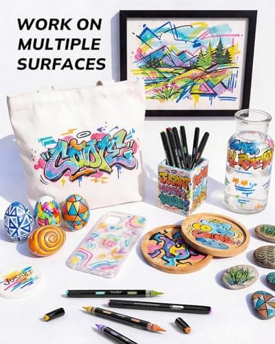 JusArt Acrylic Brush Markers, 96 Colors Brush Tip Acrylic Marker Set, 48 Dual-Tip Water Based No Bleed Markers with Automatic Ink Control for Wood, Rock, Fabric, Canvas, Glass, Eggs & DIY Crafts — view 7