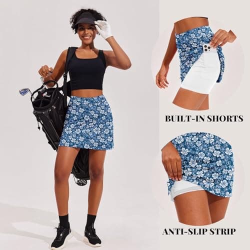 Ekouaer Skort Golf Skirts for Women Tennis Athletic Skirt Inner Shorts Pocket Floral Running Workout Sports Skorts,Teal Pattern — view 2