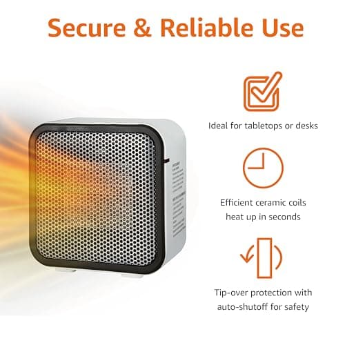 Amazon Basics Ceramic Space Heater, Portable Mini Heater for Office Desk, 500W, With Tip-Over Protection, Lightweight 1.4 lbs, White, 5.9"D x 3.2"W x 6"H