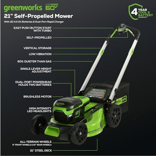 Greenworks 60V 21" Brushless (Self-Propelled) Cordless Lawn Mower, 2 x 4.0Ah Batteries (3/4 Acre, Rapid Charger, 4-in-1, LED Lights, IPX4)
