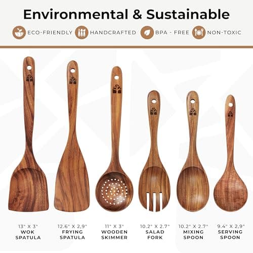 Wooden Spoons for Cooking – Wooden Kitchen Utensils Set, 6 Pcs Teak Wood Utensil Set – Comfortable Grip Non–Stick Wooden Cooking Utensils — view 3