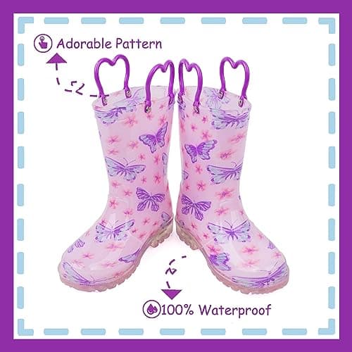 OUTEE Toddler Girls Rain Boots Little Kids Baby child Light Up Waterproof Rubber Shoes Butterfly Printed Mud Lightweight Adorable with Easy-On Handles Non Slip Sole Purple Size 8 — view 2