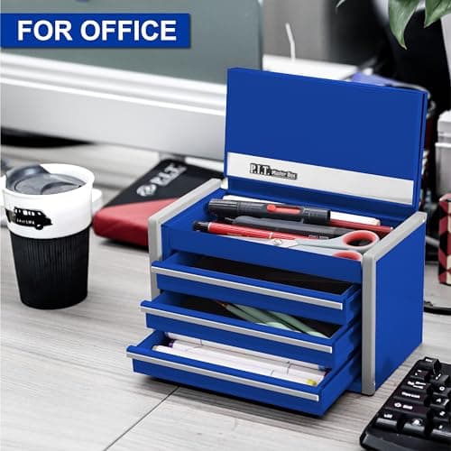 P.I.T. Mini Tool Box 8.6"W X 4.6"D, Portable 3 Drawer Steel Stackable Blue Tool Box with Magnetic Tab Locking, Blue Micro Top Chest with Liner for Tools Storage and Organizers, Home DIY — view 2
