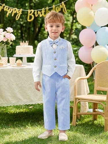 Volunboy Baby Boy Formal Prom Striped Pants Set Seersucker Wedding Guest Ring Bearer Outfits Gentleman Dress Shirt Summer Beach Bowtie Vest Suits (Skyblue, 2-3T) — view 4