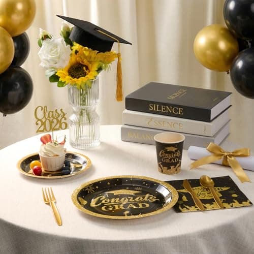 Goodluck 350pcs 2026 Graduation Party Supplies Set, Black and Gold Paper Plates Graduation Decorations, Includes 9" & 7" Disposable Paper Plates, 9oz Cups, Napkins & Cutlery for 50 Guests — view 3