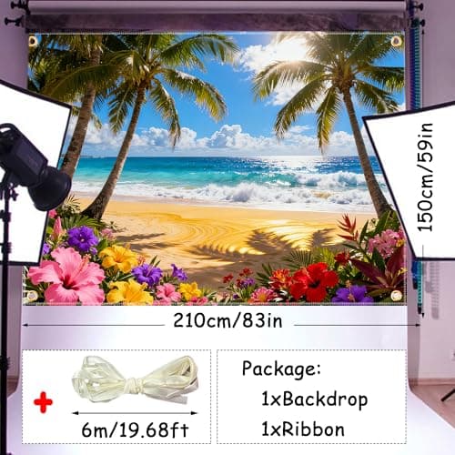 7x5ft Summer Hawaiian Beach Backdrop Tropical Backdrop Palm Leaves Flowers Background Luau Party Decorations Aloha Banner with 19.68ft Ribbon
