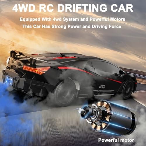 Remote Control Car RC Drift Car 1:16 Scale 4WD 18KM/H High Speed Model Vehicle 2.4GHz LED Lights Spray Rubber Tire Racing Sport Toy for Adults Boys Girls Kids Gift 2Pcs Rechargeable Batteries (Black) — view 2