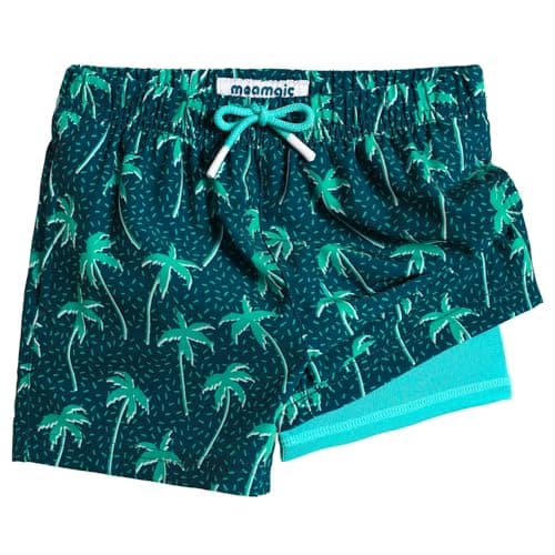 maamgic Boys Swim Trunks with Compression Liner Toddler Stretch Quick Dry Swim Shorts Quick Dry 2 in 1 Beach Shorts,Palm Tree-Navy,Large(14/16)