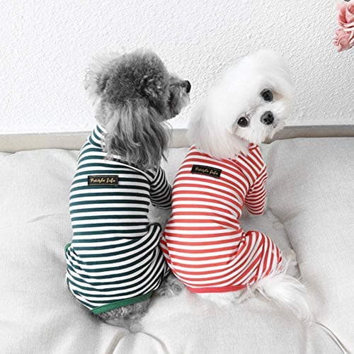 Hdwk&Hped Soft Cotton Dog Pajamas for All Seasons, Striped Pet Bottoming Jumpsuit for Small Dog Cat Puppy (#5, Striped Style - 2-Pack(red&Dark Green))