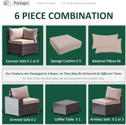 RTDTD 6 PCS Outdoor Patio Furniture Set,Outdoor Sectional Furniture All Weather PE Rattan Wicker Patio Conversation Set with Coffee Table and 5 Thickened Cushions,Brown — view 7