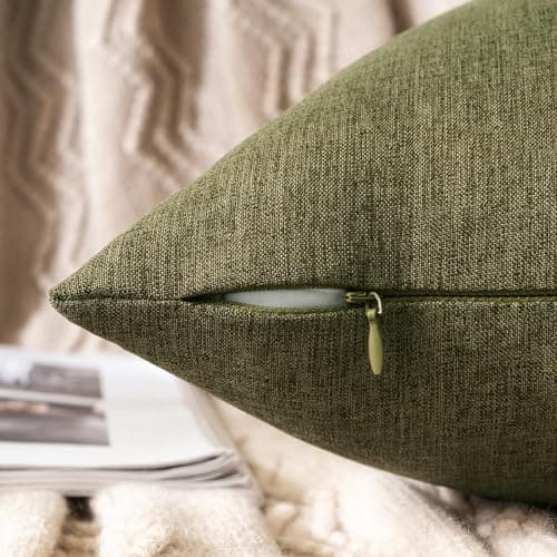 MIULEE Pack of 2 Decorative Outdoor Solid Waterproof Throw Pillow Covers Polyester Linen Garden Farmhouse Cushion Cases for Patio Tent Balcony Couch Sofa 18x18 inch Olive Green
