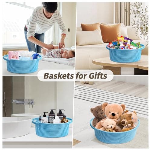 Pro Goleem Small Woven Basket with Gift Bags and Ribbons Durable Baskets for Gifts Empty Small Rope Basket for Storage 12"X 8" X 5" Baby Toy Basket with Handles, Blue — view 2